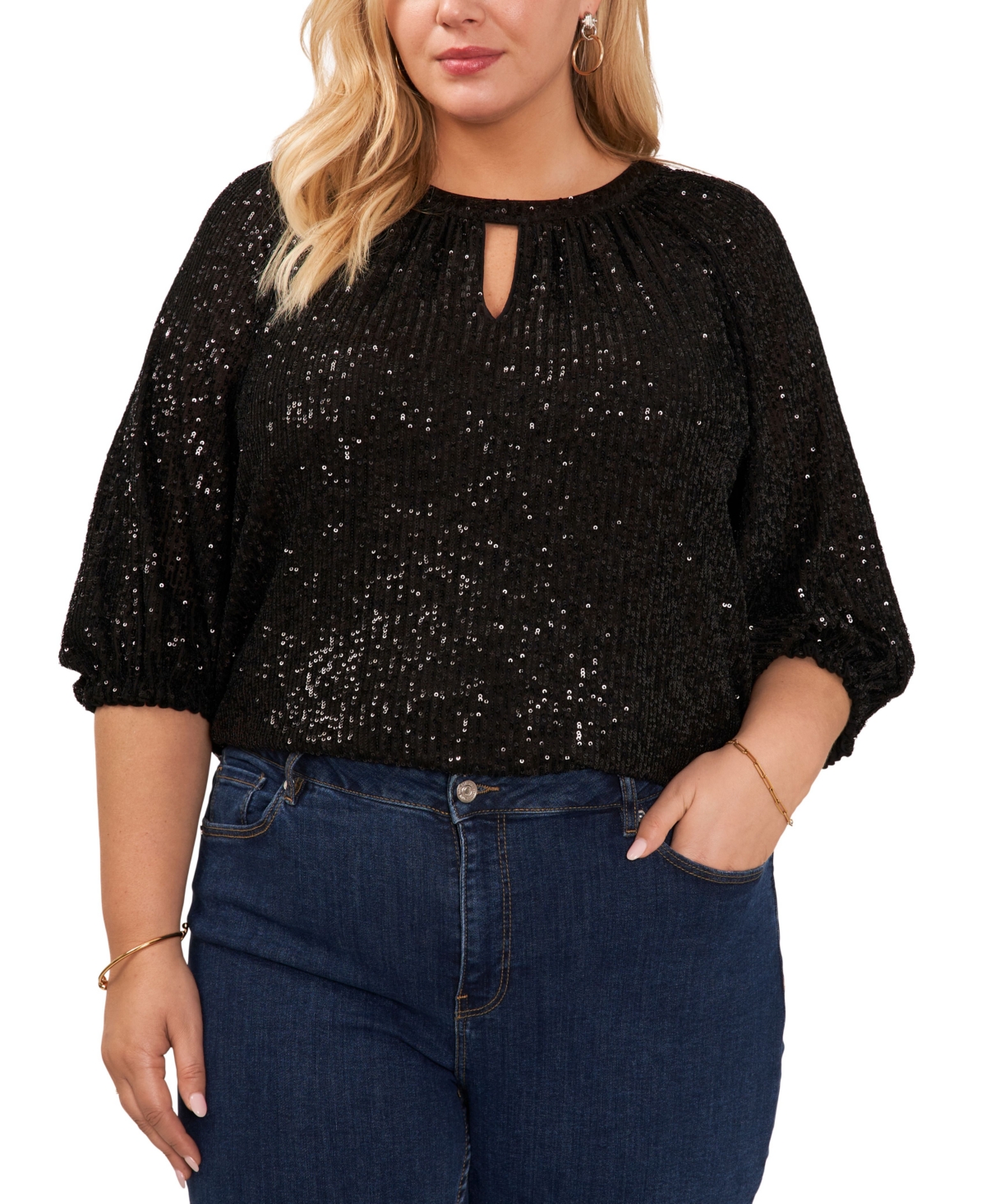 Vince Camuto Plus Size Sequined Dolman-sleeve Top In Rich Black