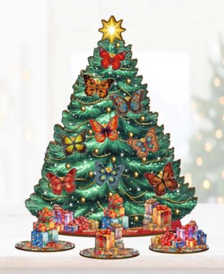 Butterfly Themed Wooden Christmas Tree with Ornaments Set of 13 G. DeBrekht