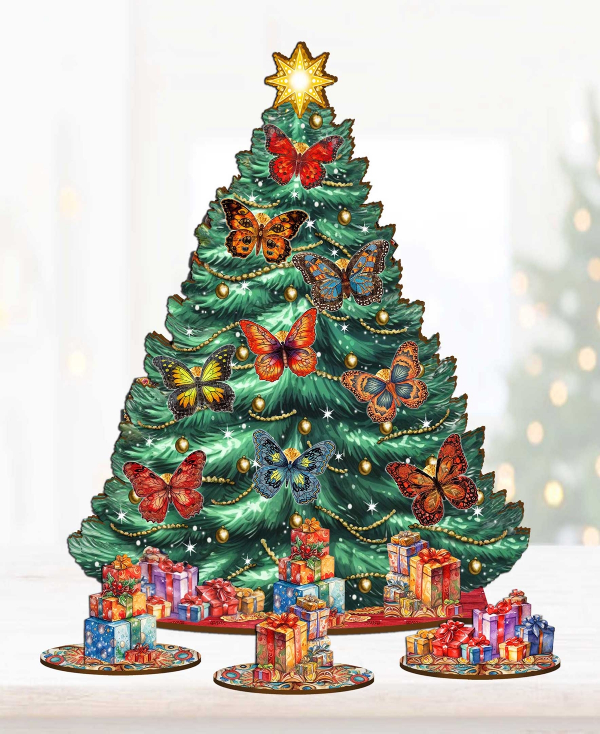 Designocracy Butterfly Themed Wooden Christmas Tree With Ornaments Set Of 13 G. Debrekht In Multi Color