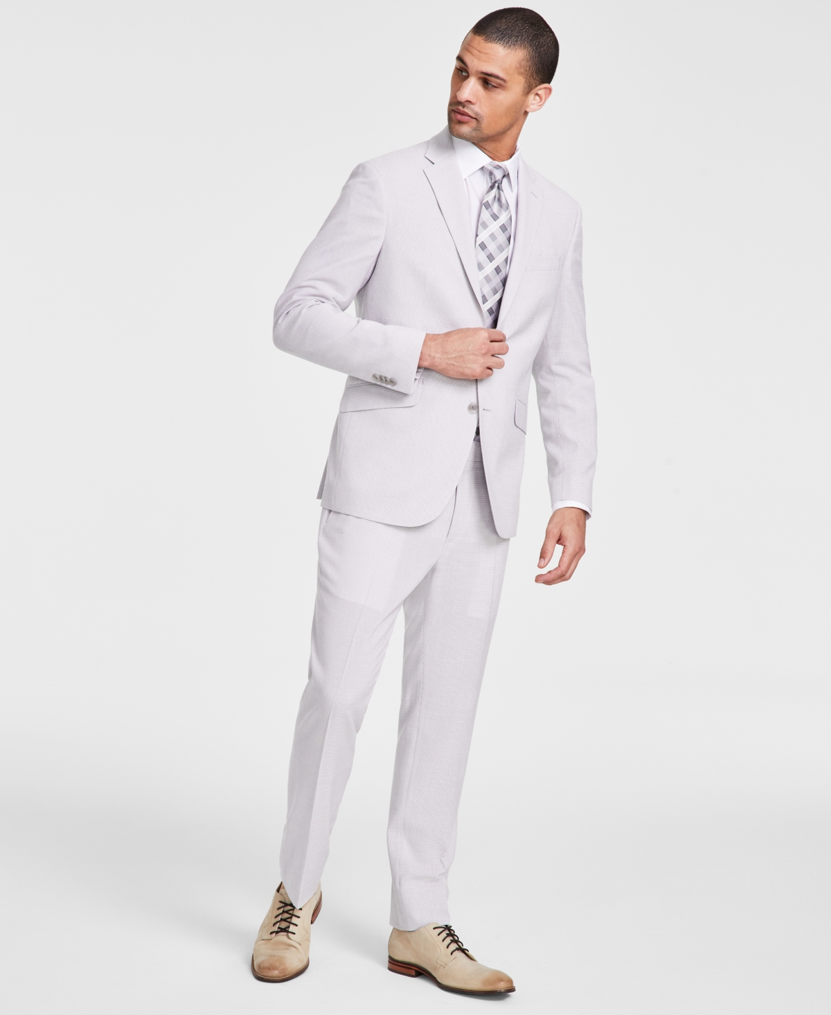 Shop Kenneth Cole Reaction Men's Slim-fit Mini-houndstooth Suit In Cream Grey