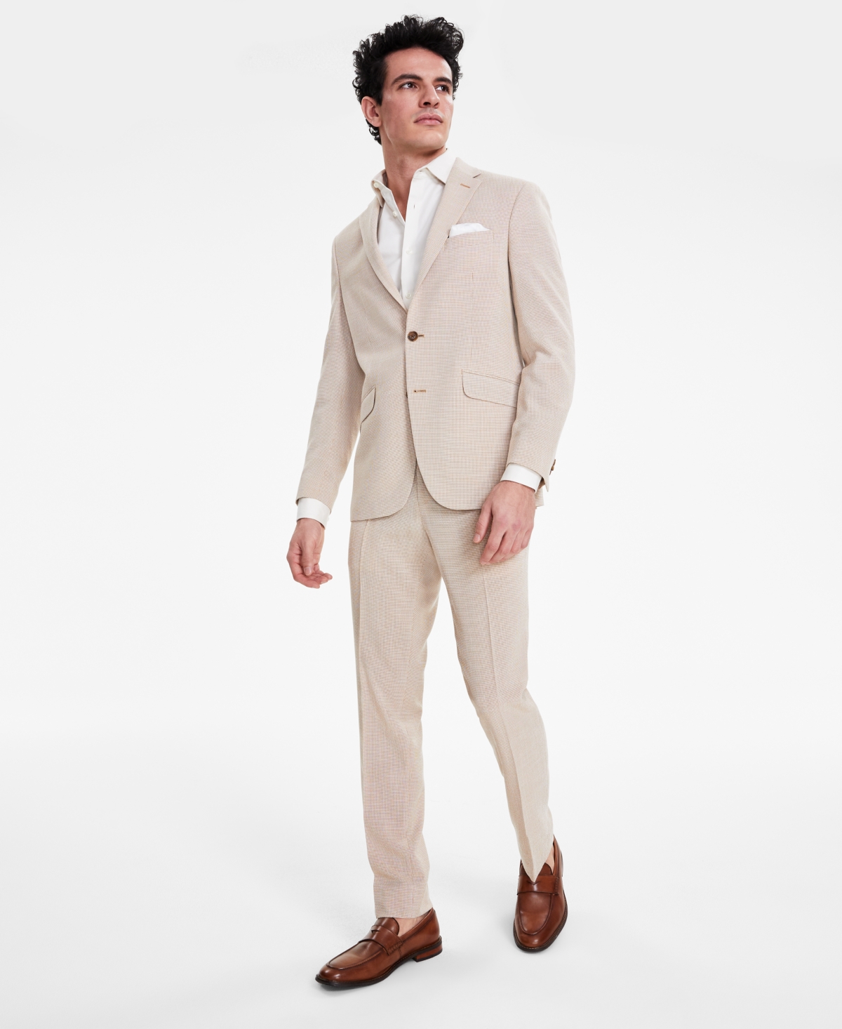 Shop Kenneth Cole Reaction Men's Slim-fit Mini-houndstooth Suit In Khaki White