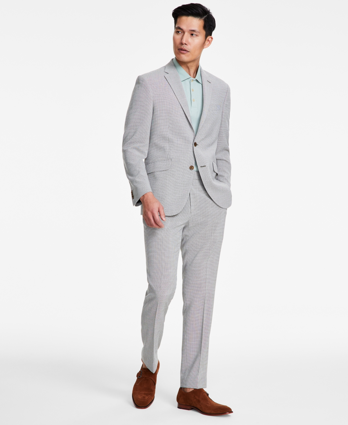 Men's Slim-Fit Mini-Houndstooth Suit - Khaki White