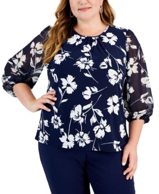 Kasper - Plus Size Printed Chiffon-Sleeve Knit Top