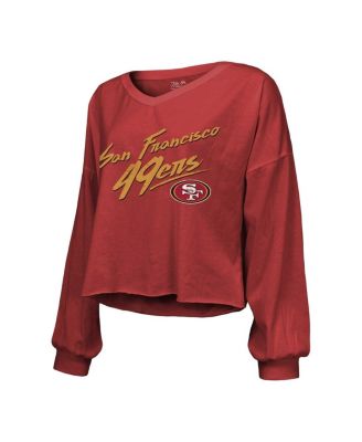 Women's Threads Christian McCaffrey Scarlet San Francisco 49ers Name and Number Off-Shoulder Script Cropped Long Sleeve V-Neck T-shirt