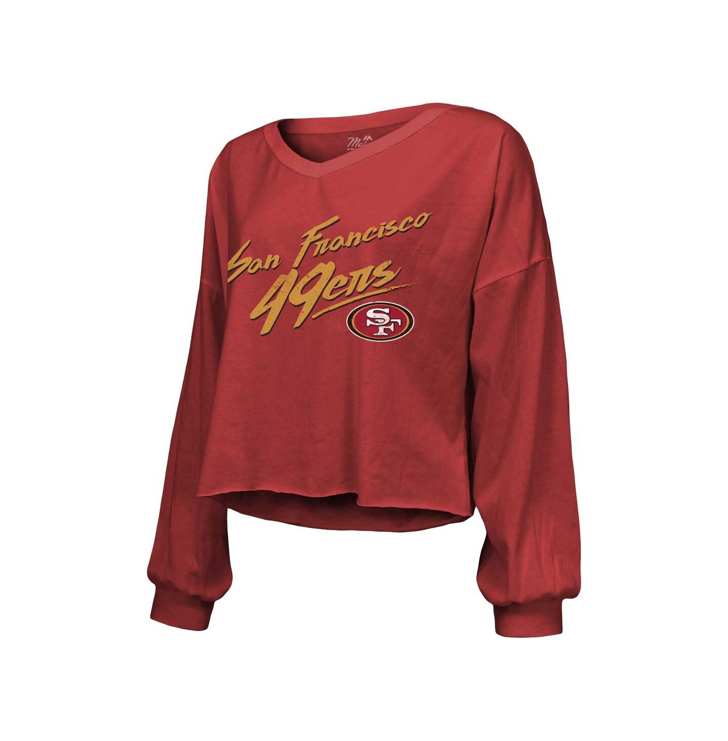 Женская футболка Majestic Threads Christian McCaffrey Scarlet San Francisco 49ers Name and Number Off-Shoulder Script Cropped Long Sleeve V-Neck — фото 2