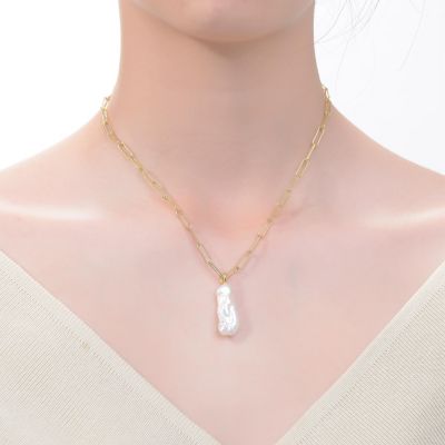 14k Yellow Gold Plated with Free-Form Baroque Genuine Freshwater White Pearl Pendant Cable Layering Necklace in Sterling SIlver