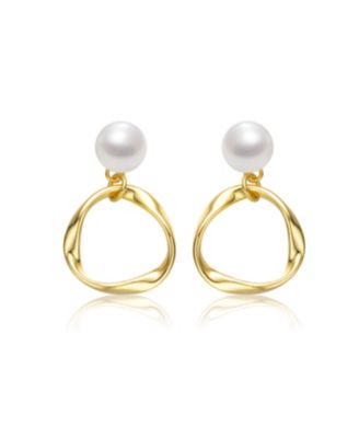Sterling Silver 14k Yellow Gold Plated with White Freshwater Pearl Twisted Eternity Circle Halo Double Drop Dangle Earrings