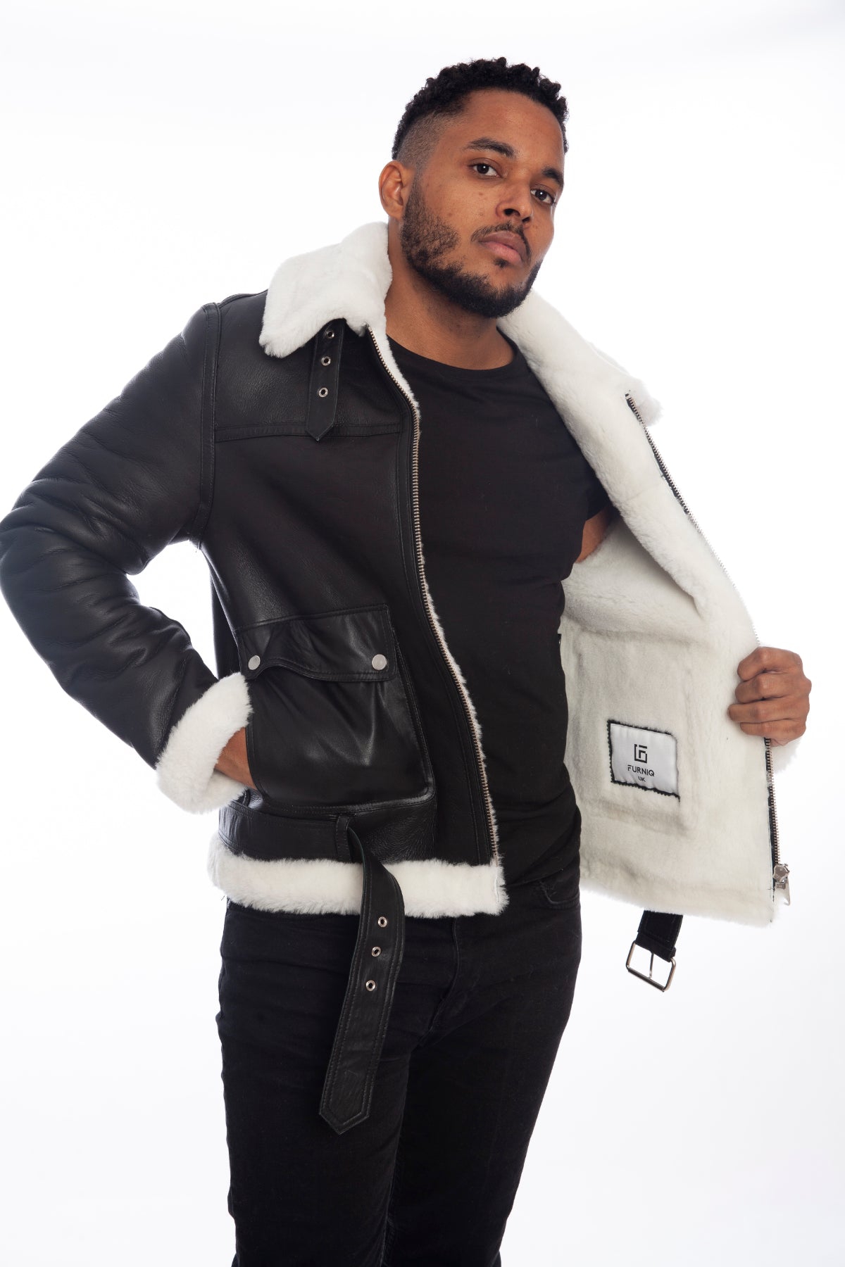 Furniq Uk Men's Shearling Belted Pilot Jacket, Silkywith White Wool - Black