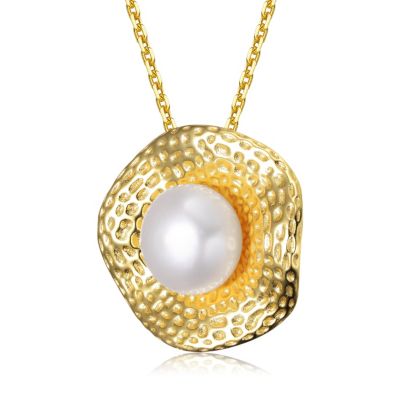 Sterling Silver 14K Gold Plated with Genuine Freshwater Pearl Hammered Pendant Necklace