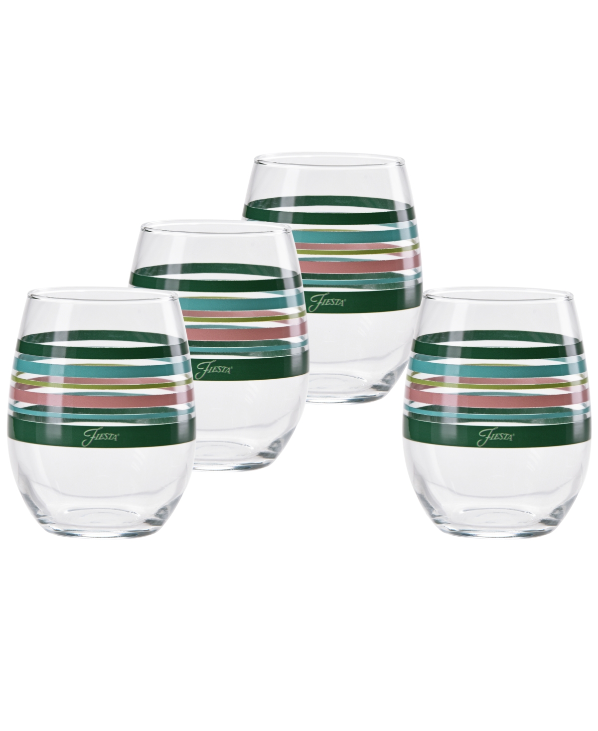 Fiesta Tropical Stripes Stemless Wine Glasses, Set Of 4 In Jade,turquoise,lemongrass And Peony