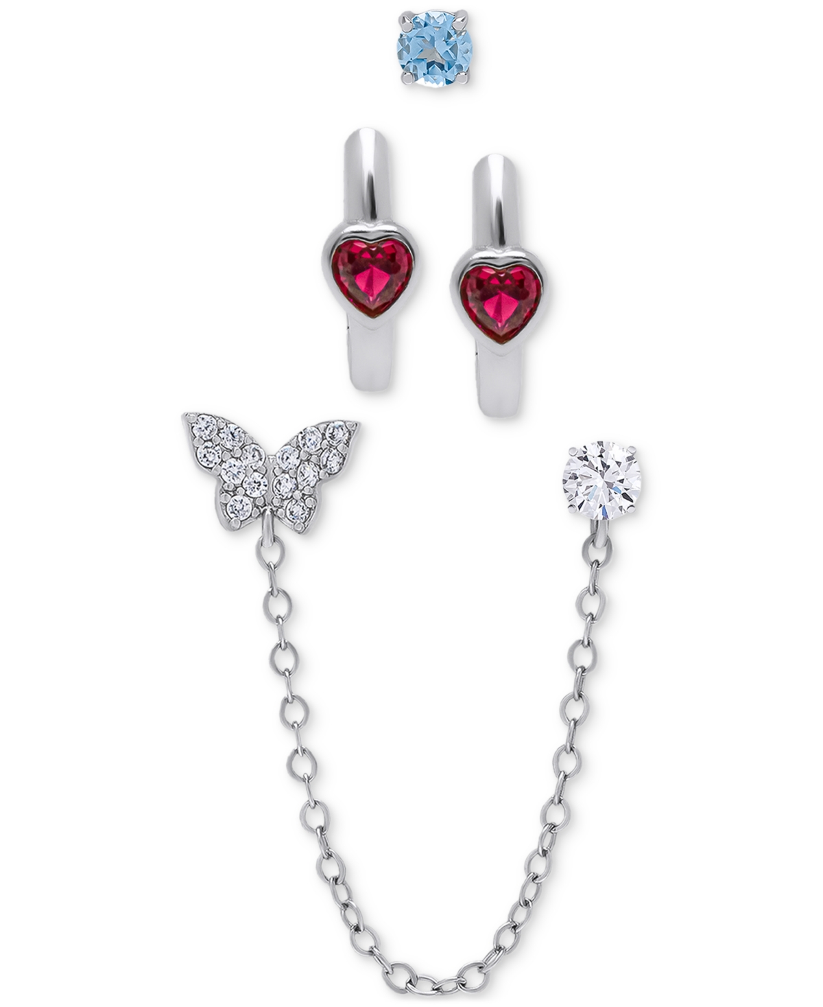 Macy's 3-pc. Set Multi-stone Single Stud, Huggie Hoops, & Butterfly Chain Earrings (5/8 Ct. T.w.) In Sterli In Multi-gemstone