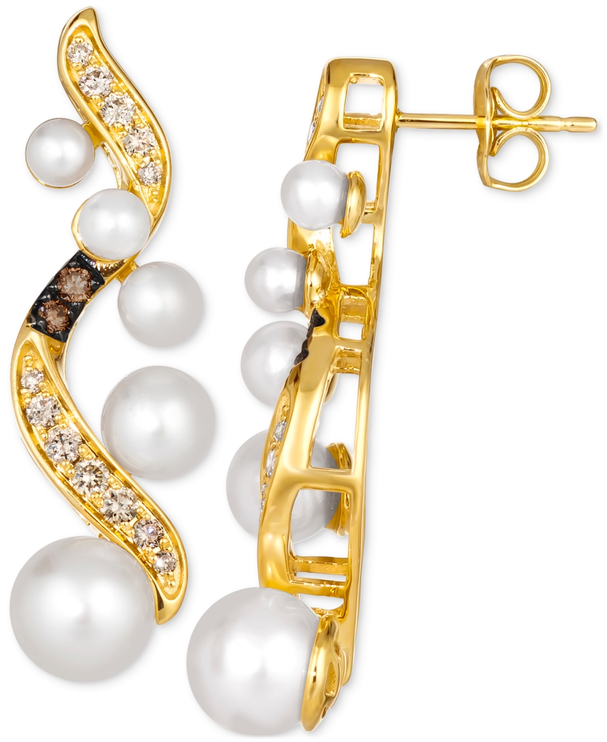 Shop Le Vian Vanilla Pearls (3-7mm) & Diamond (3/8 Ct. T.w.) Curvy Drop Earrings In 14k Gold In K Honey Gold Earrings