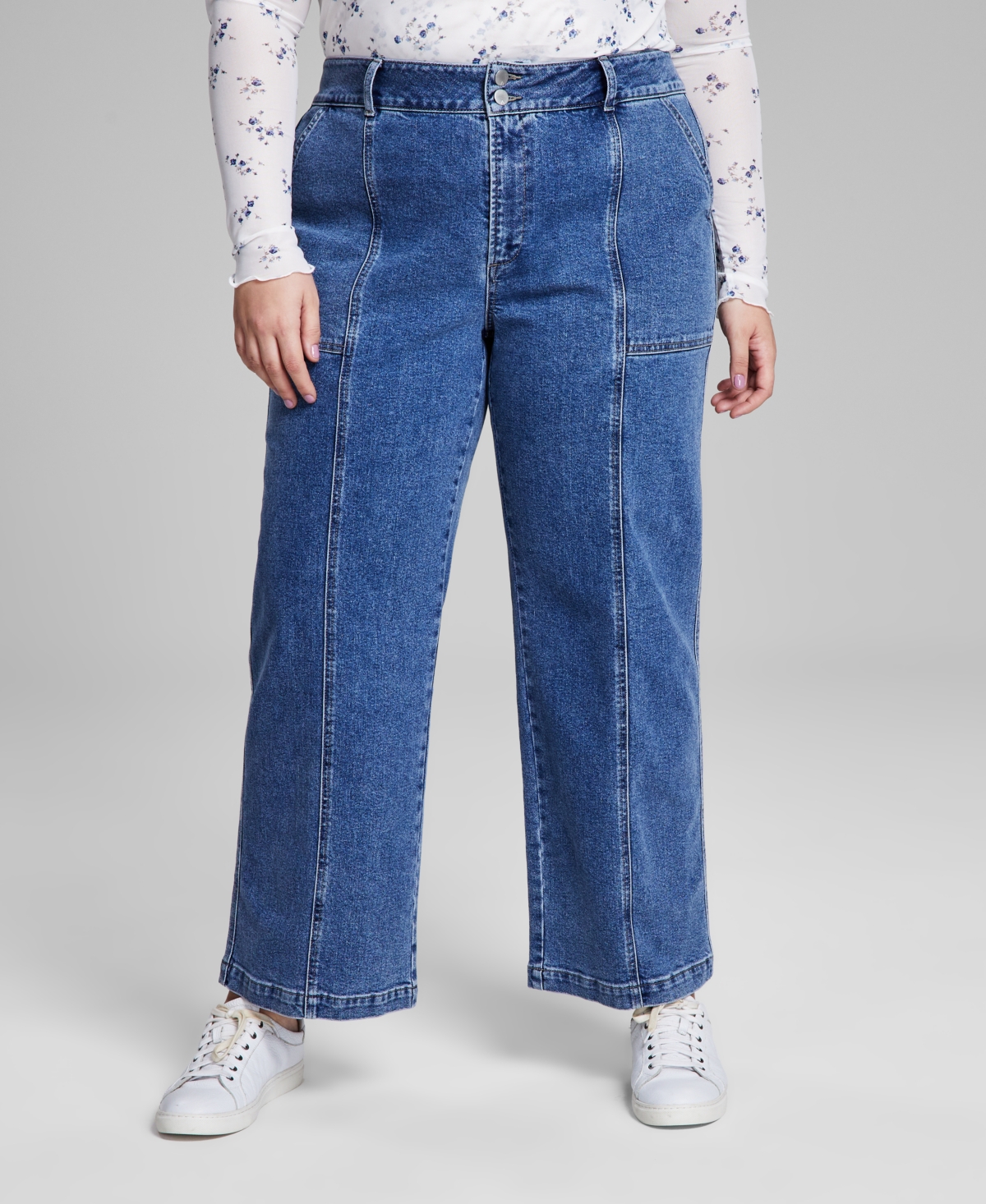 Plus Size Seam-Front Straight-Leg Jeans - Med Blue
