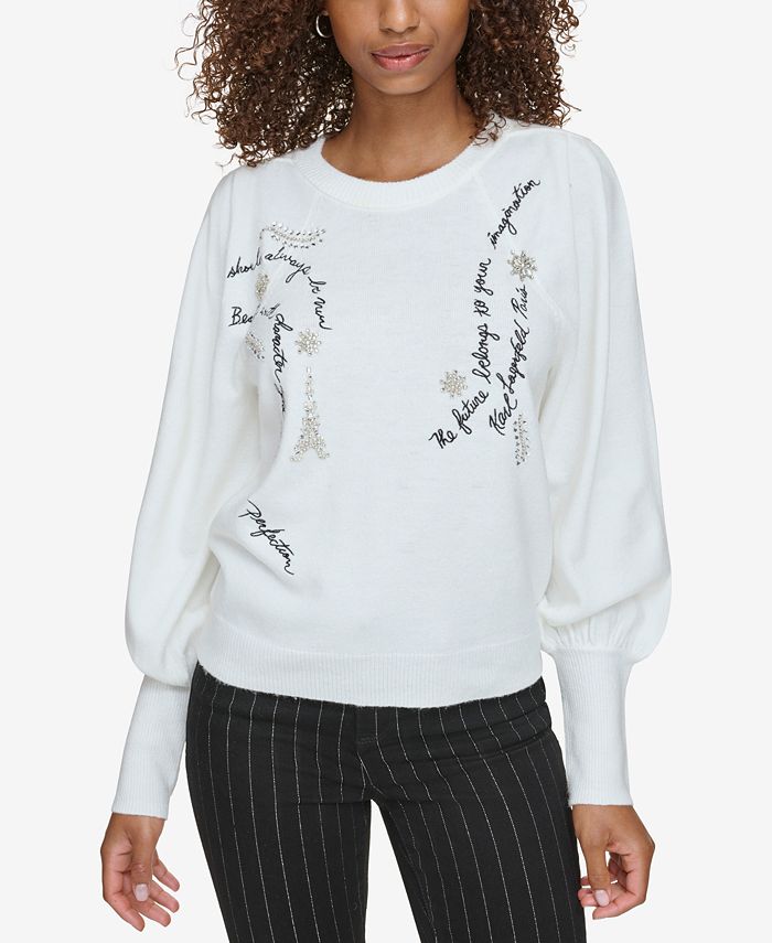 Sweater Beige and Black Cashmere with Embroidered Plan de Paris