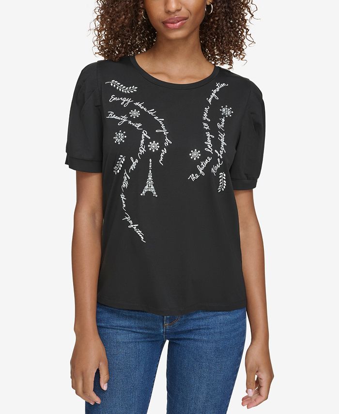 KARL LAGERFELD PARIS Women's Embellished Quote Top - Macy's