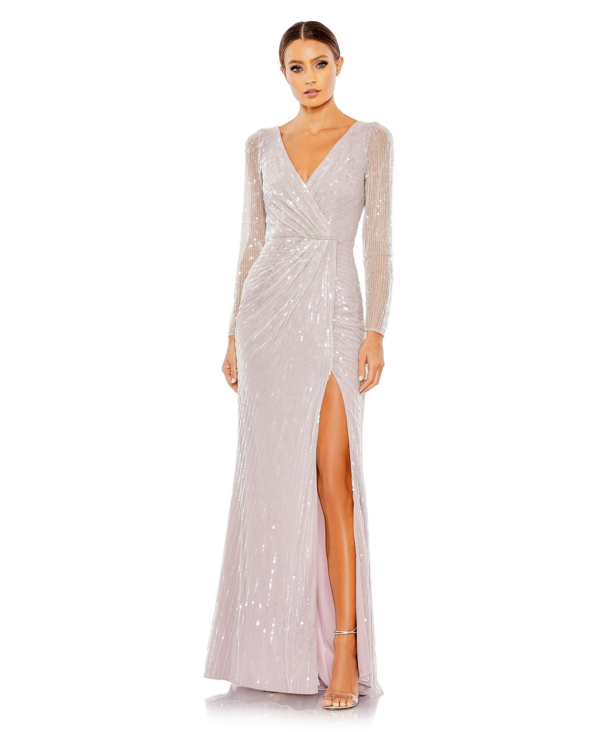 MAC DUGGAL WOMEN'S SEQUINED FAUX WRAP LONG SLEEVE GOWN