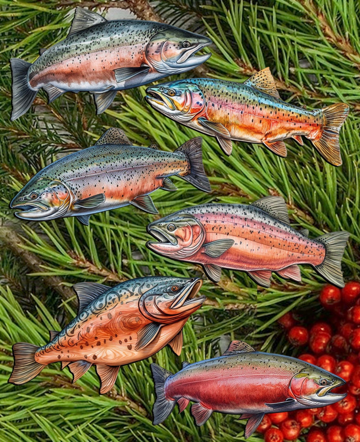 Designocracy Holiday Wooden Clip-on Ornaments Wild Salmon Tales Set Of 6 G. Debrekht In Multi Color