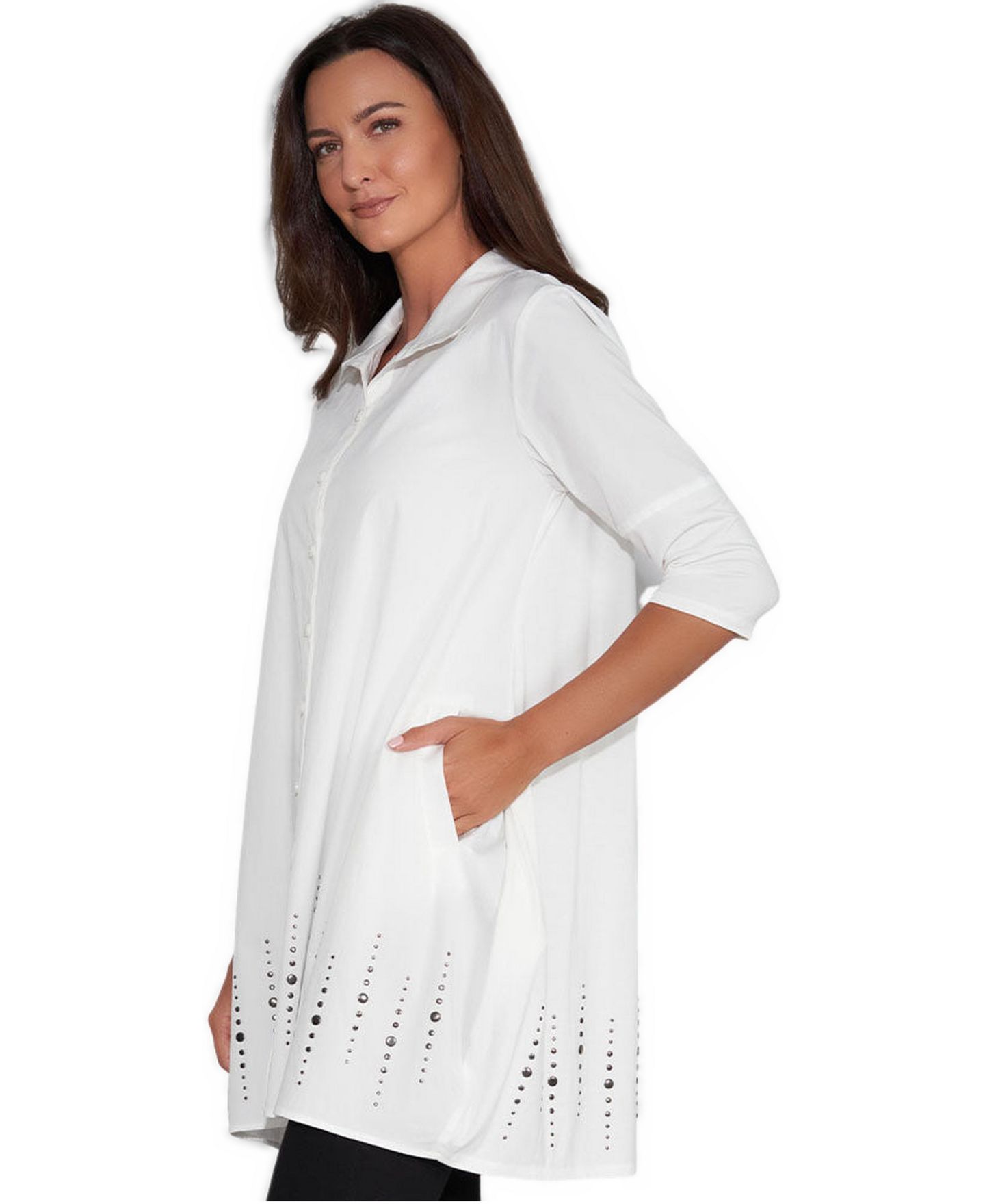 Женская рубашка Stella Carakasi 3/4 Sleeve Studded Cotton Poplin Shirt Top Tiburon Tunic Icon, цвет: Мягкий белый — фото 4