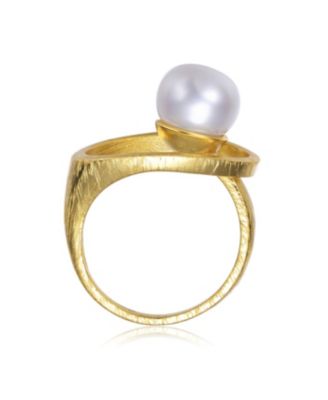 Sterling Silver 14K Gold Plated with Genuine Freshwater Round Pearl Contemporary Ring