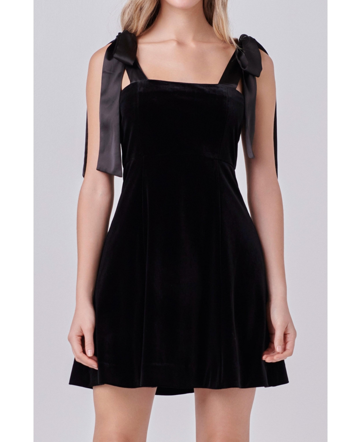 Women's Satin Tie Velvet Mini Dress - Black