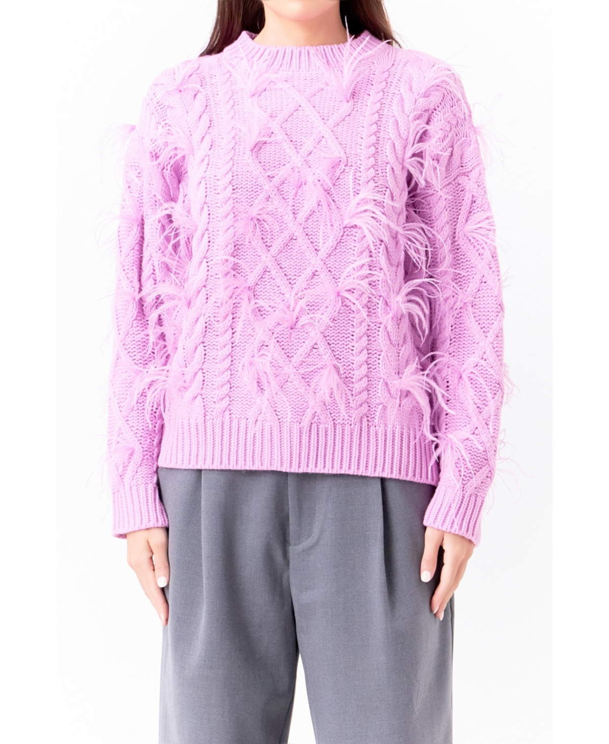 Endless Rose Feather Trim Cable Knit Sweater In Lilac