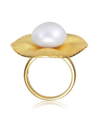 Sterling Silver 14K Gold Plated with Genuine Freshwater Pearl Floral Ring