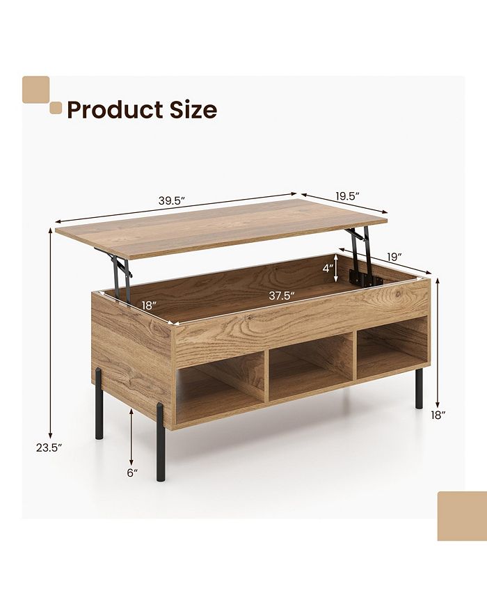 Costway Lift Top Coffee Table with Storage Compartment & 3 Open Cubbies