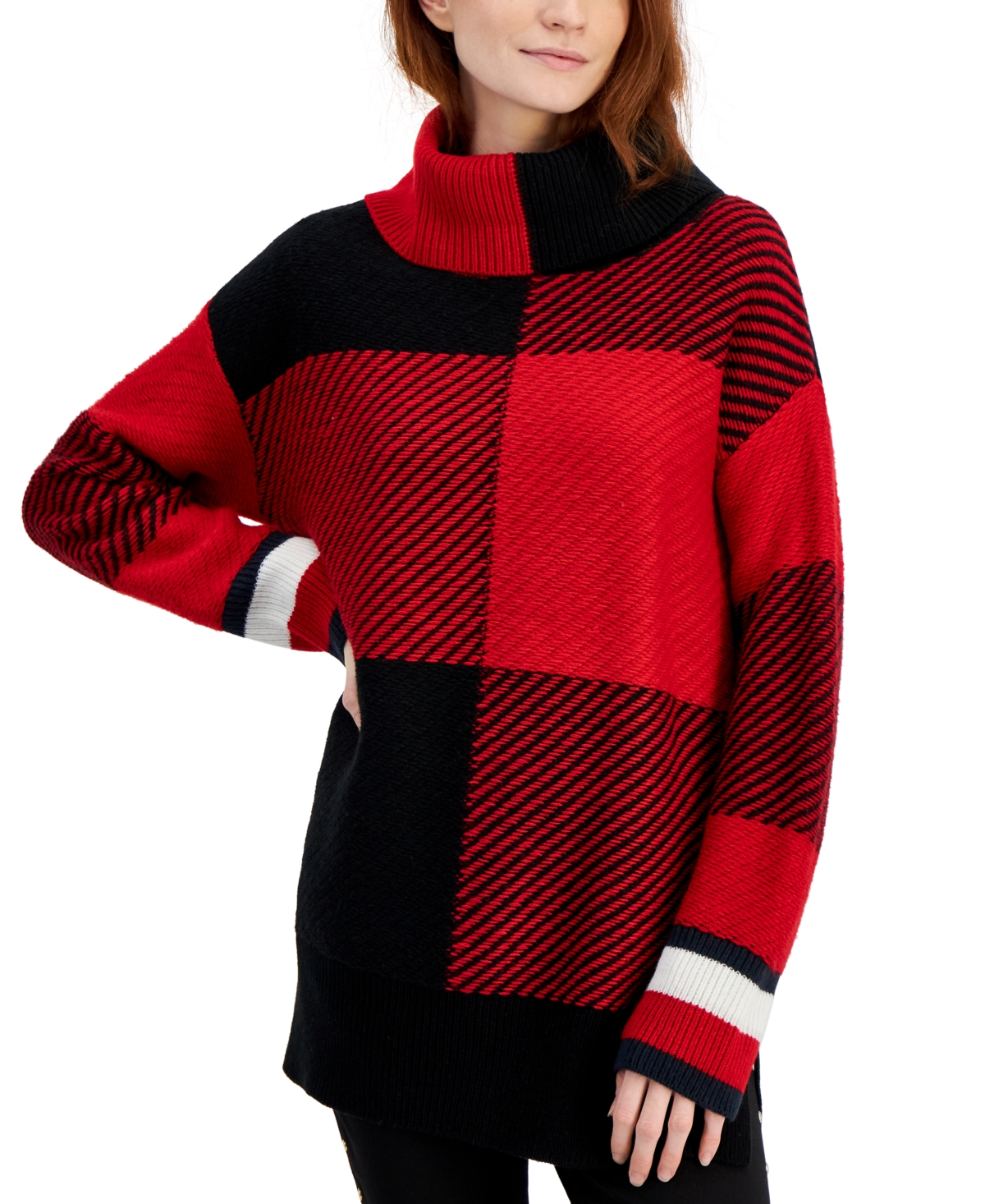 Tommy Hilfiger Women's Colorblocked Turtleneck Tunic Sweater In Black Multi