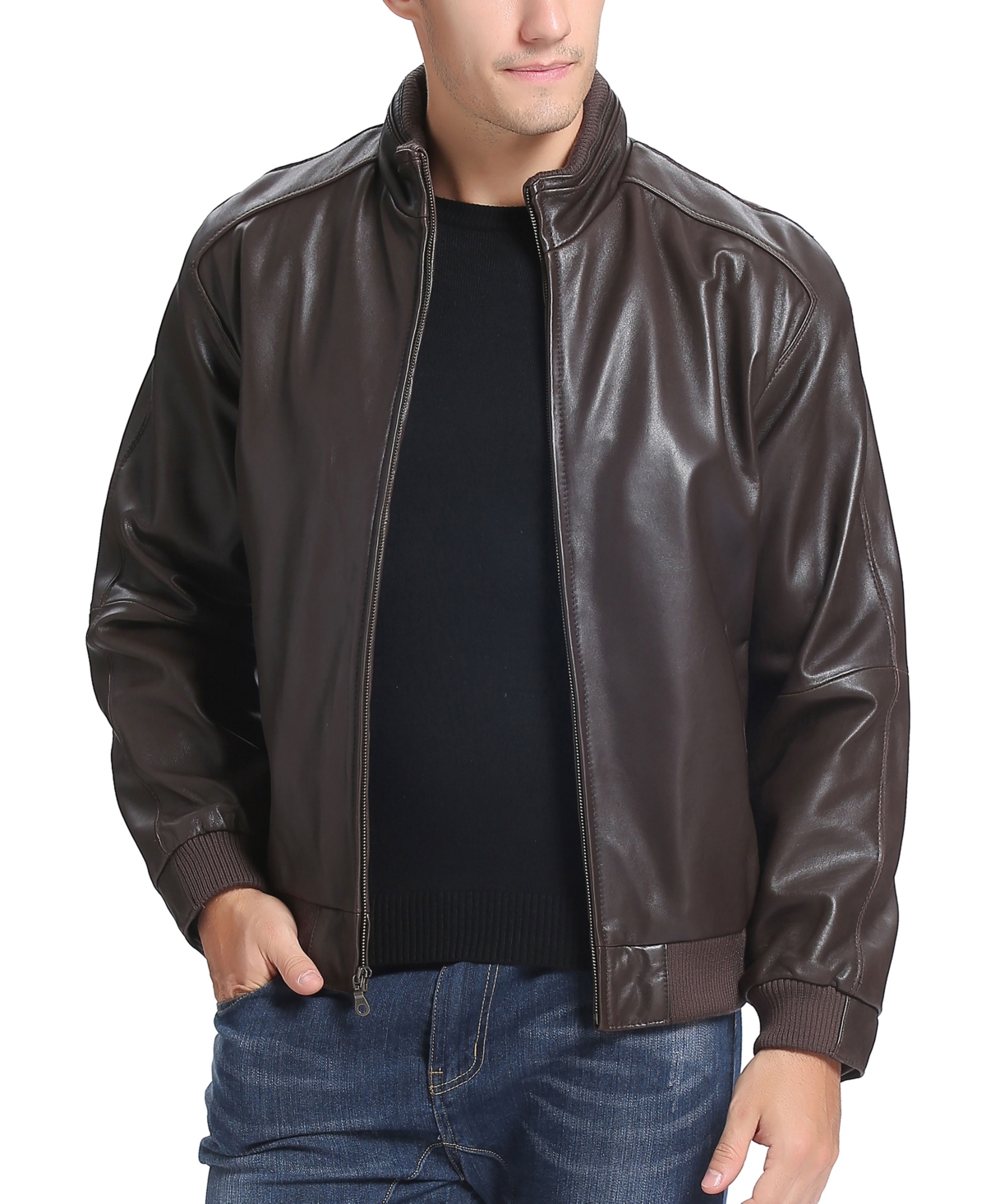 Men City Leather Bomber Jacket - Black