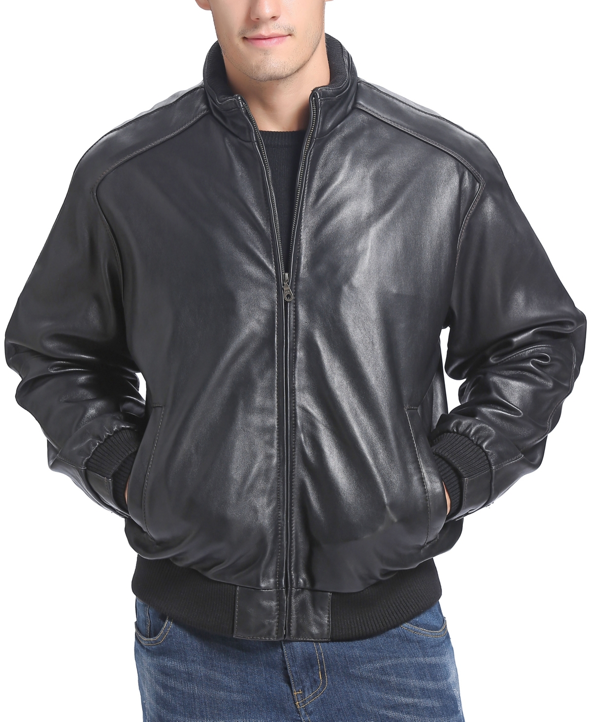 Men City Leather Bomber Jacket - Black