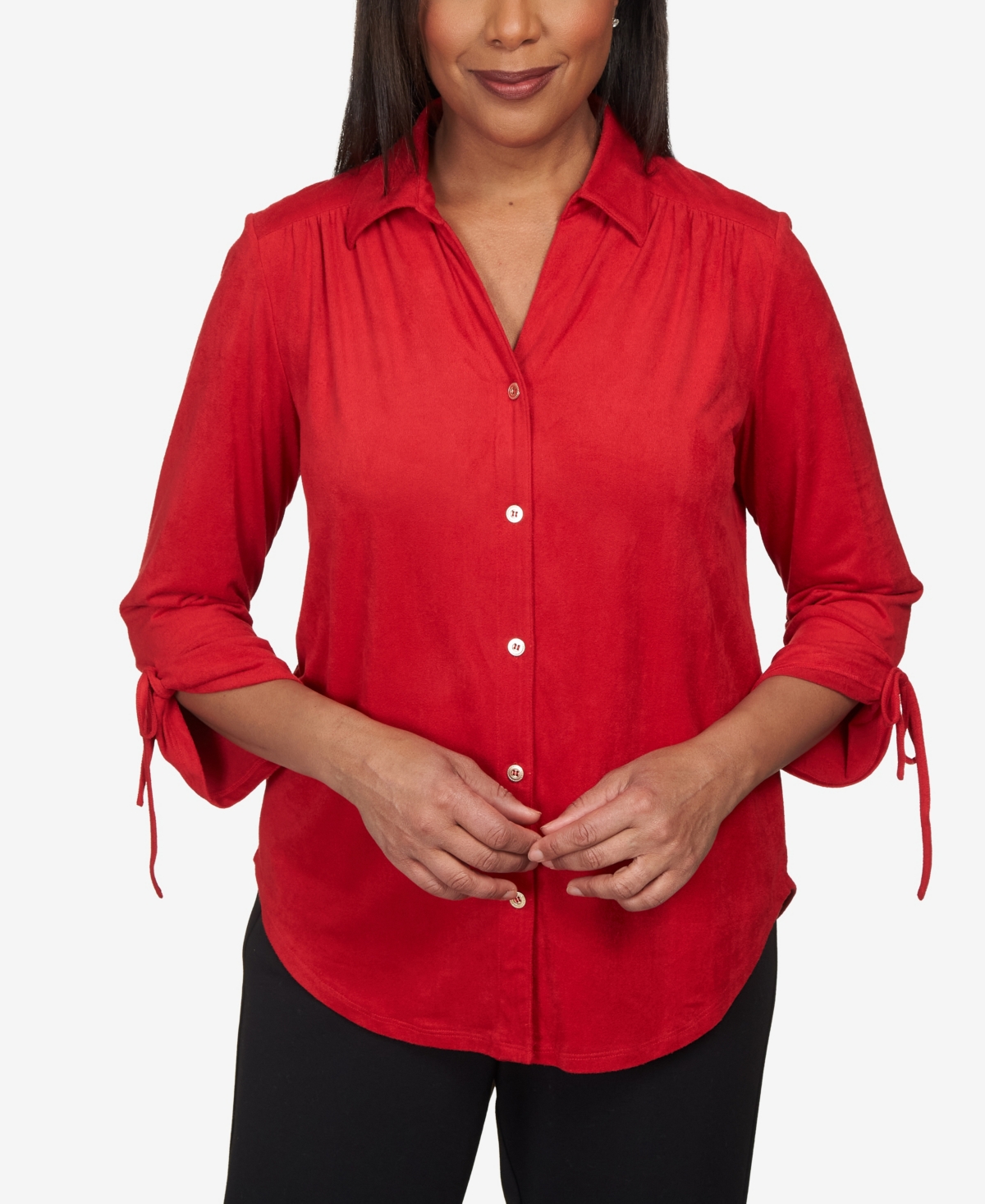 Alfred Dunner Petite Park Place Stretch Knit Faux Suede Button Up Top In Red