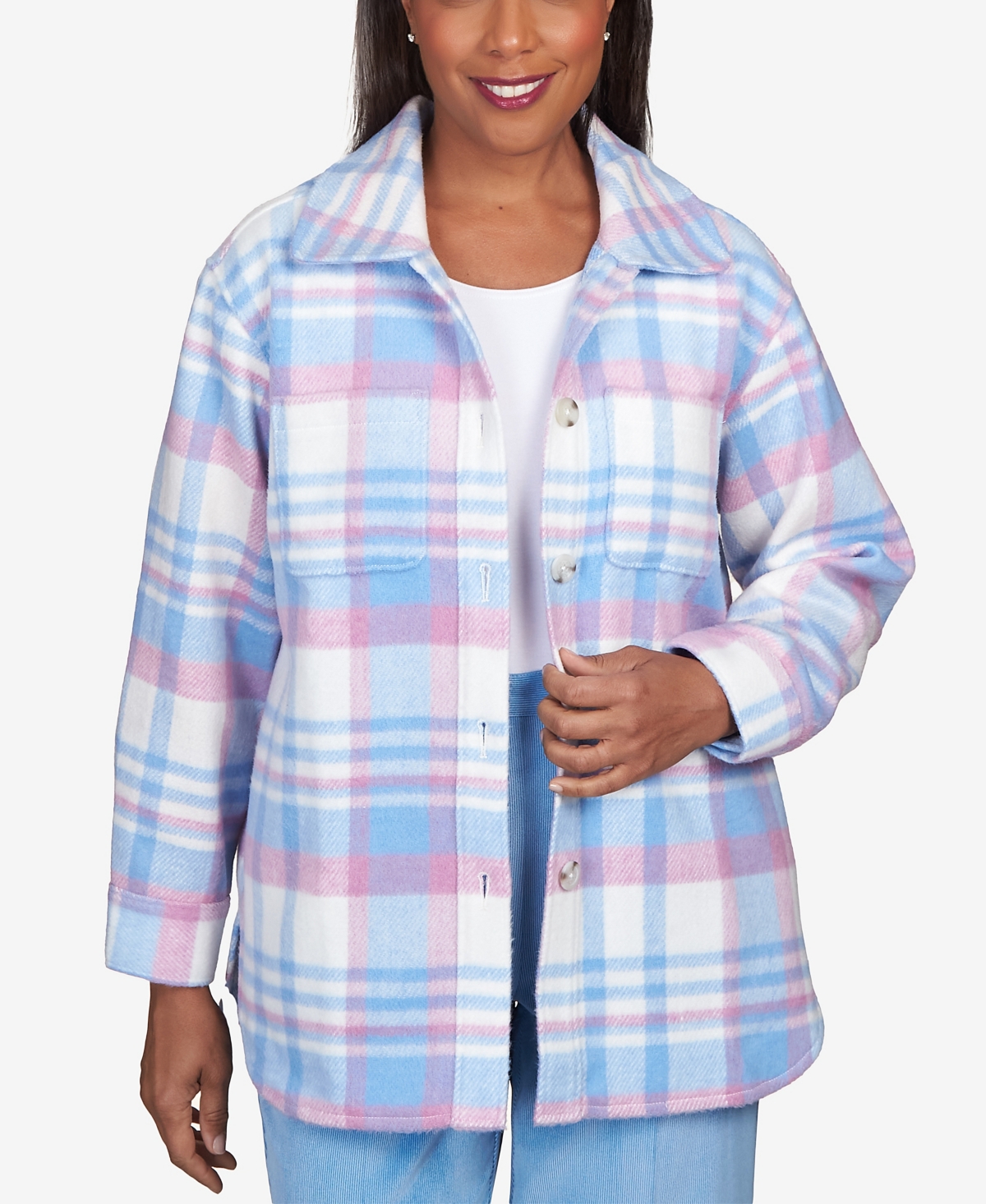 Shop Alfred Dunner Petite Swiss Chalet Collared Plaid Shirt Jacket In Multi