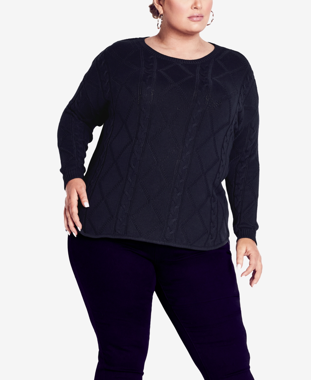 Shop Avenue Plus Size Carina Cable Knit Round Neck Sweater In Navy