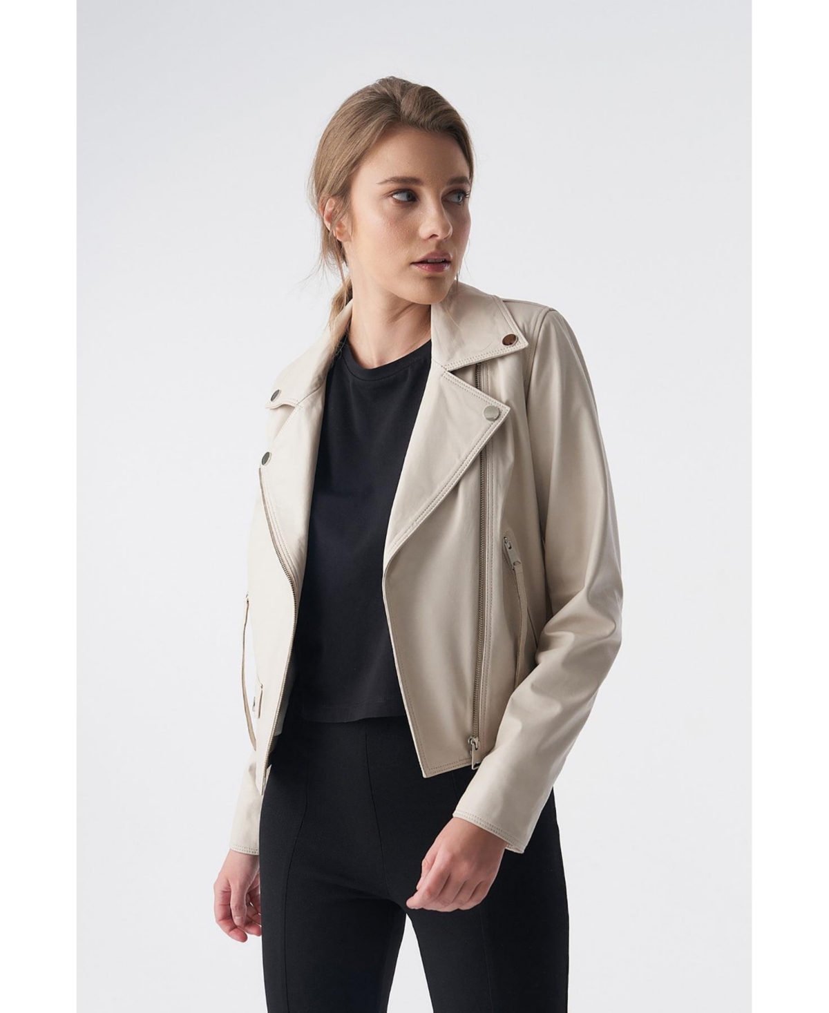 Furniq Uk Women's Classic Biker Jacket,Nappa - Beige