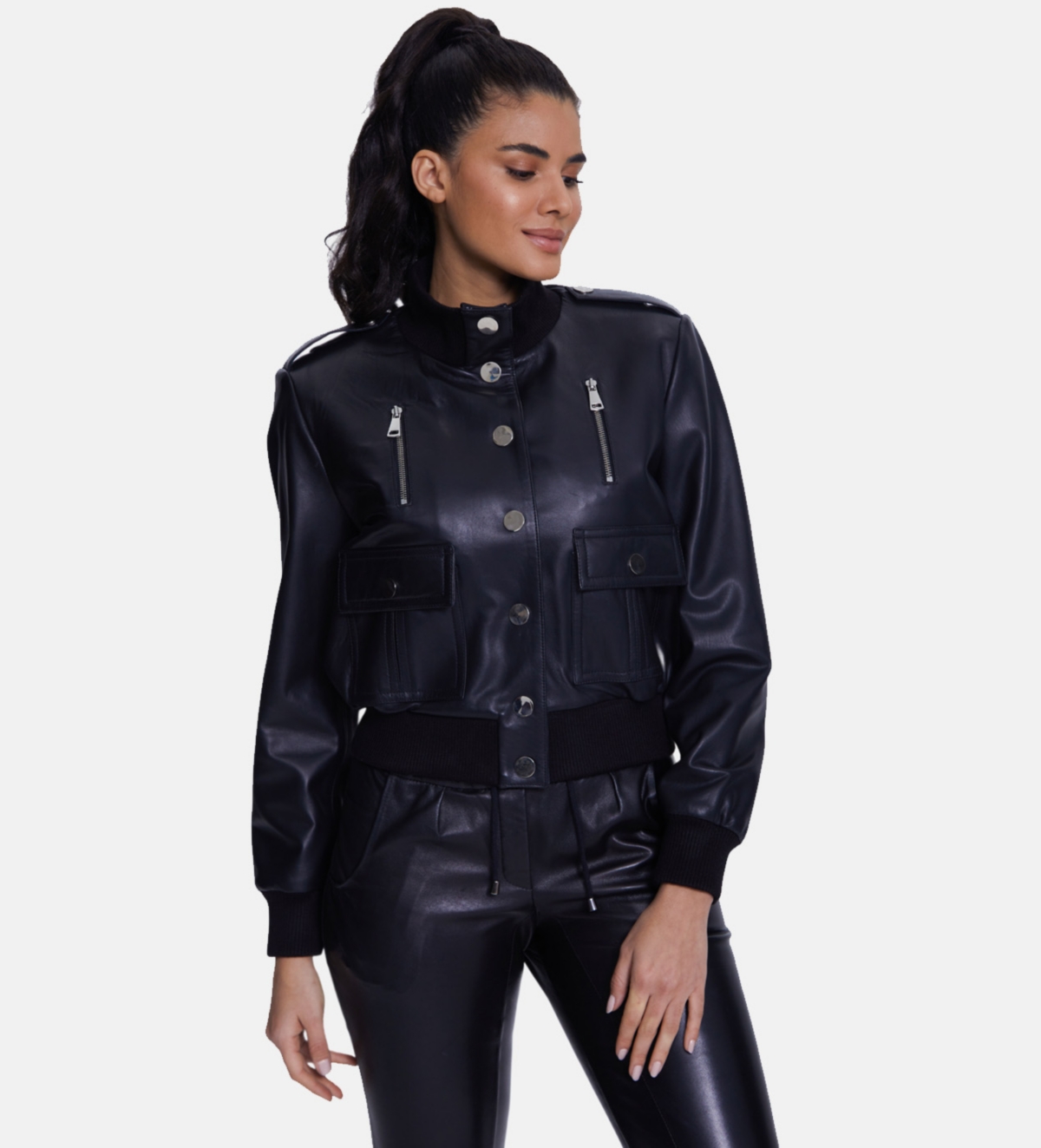Furniq Uk Women's Genuine Leather Bomber Jacket,Nappa - Black