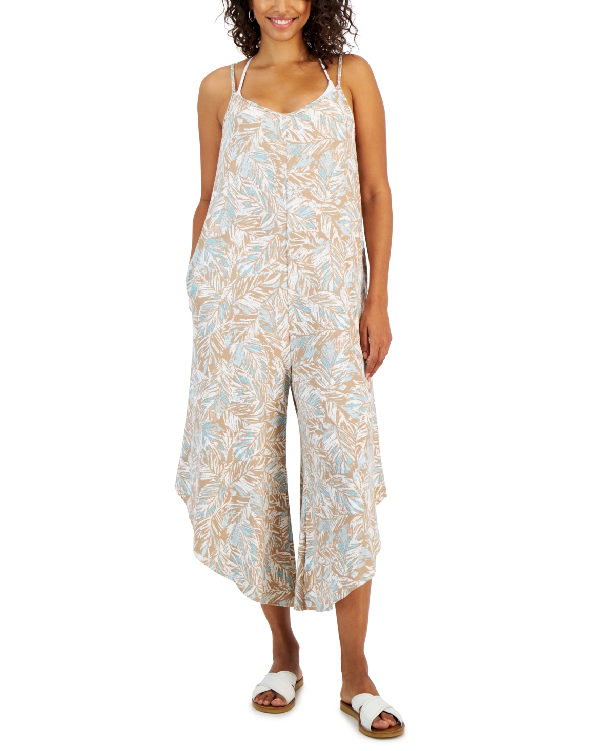Women's Flowy Botanical-Print Cover-Up Jumper - Taupe/teal/white
