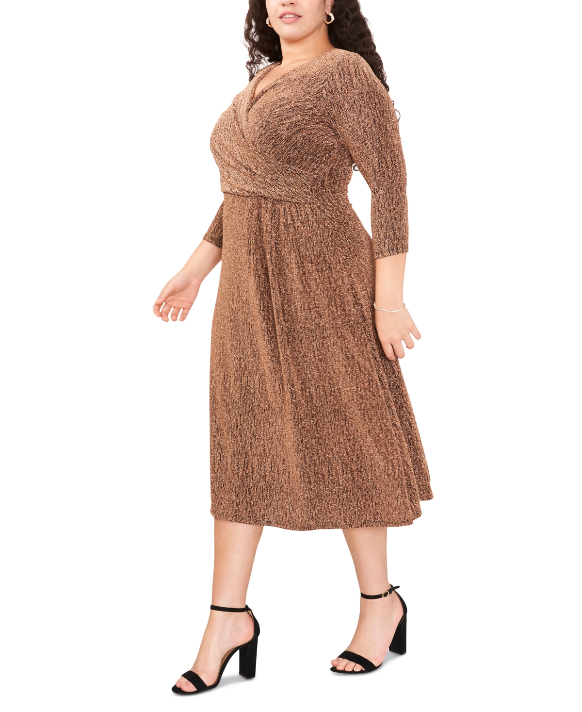 Msk Plus Size 3/4-Sleeve Faux-Wrap Midi Dress -gold