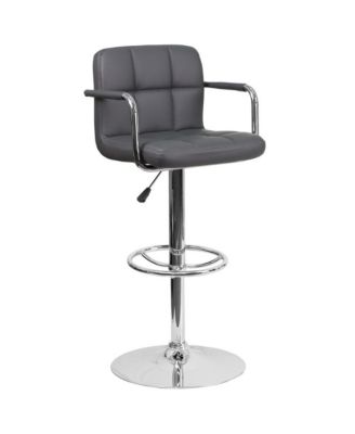 Contemporary Quilted Vinyl Adjustable Height Barstool With Arms