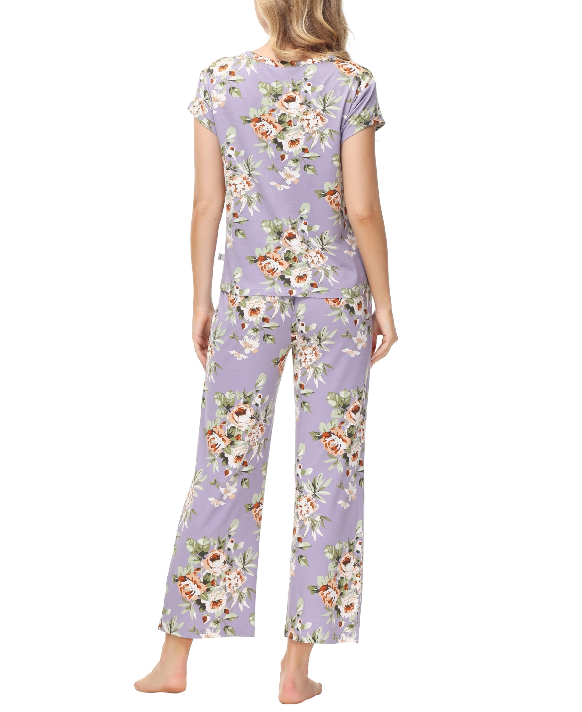 Echo Women's 2 Piece Printed Short Sleeve Henley Top with Wide Pants Pajama Set