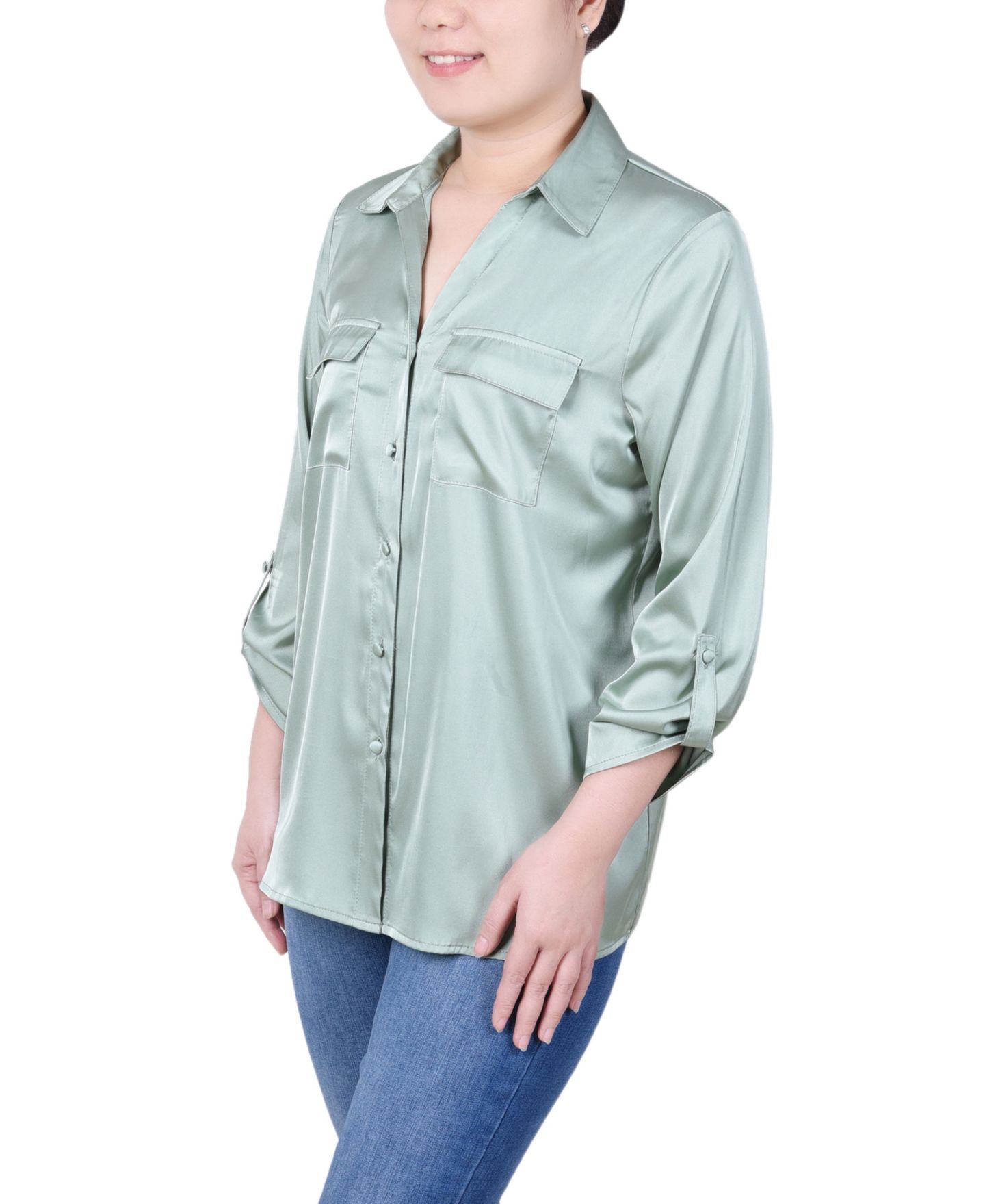 Женская блузка NY Collection Petite 3/4 Sleeve Roll Tab Satin, цвет: Зелёный — фото 3
