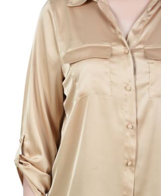 Petite 3/4 Sleeve Roll Tab Satin Blouse