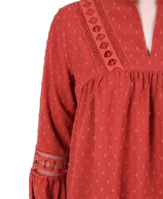 Petite Long Sleeve Blouse with Crochet Trim