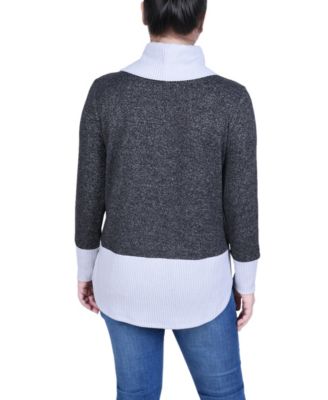 Petite Long Sleeve Cowl Neck Colorblocked Top
