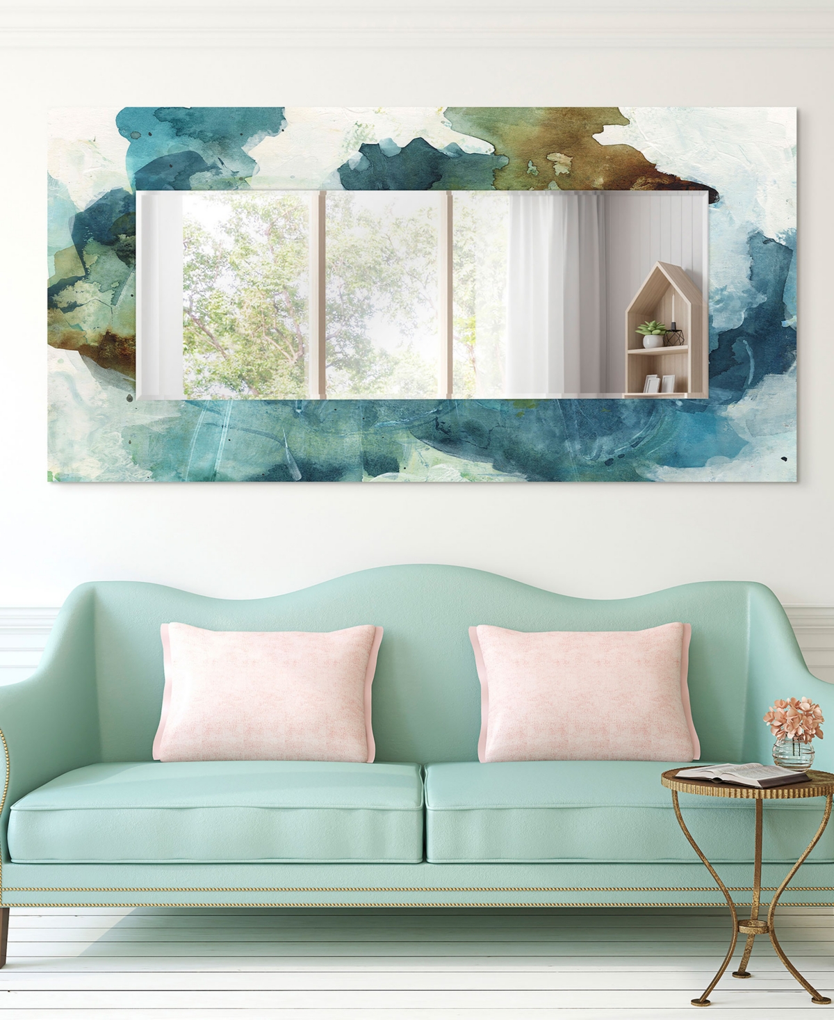 EMPIRE ART DIRECT "BLUE SKY" RECTANGULAR BEVELED MIRROR ON FREE FLOATING PRINTED TEMPERED ART GLASS, 72" X 36" X 0.4" 