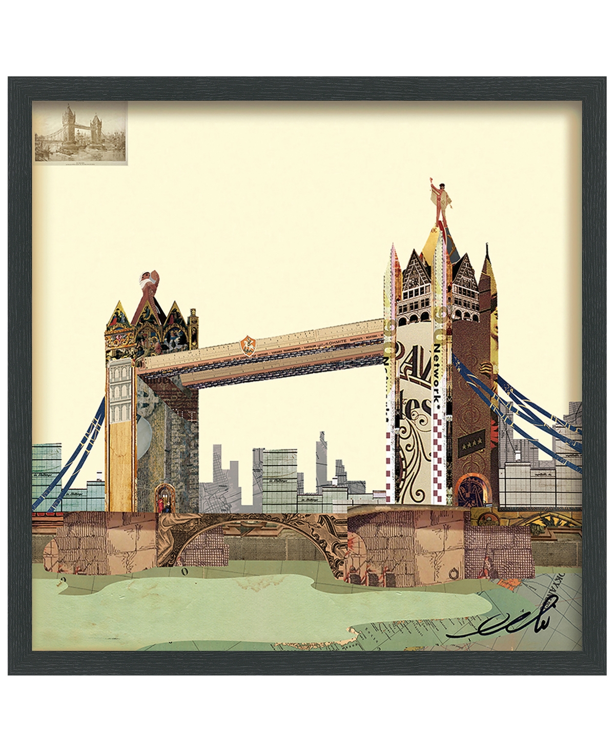 Empire Art Direct "london Bridge" Hand-made Dimensional Art Collage, Under Glass, Encased On A Black Shadow Box Frame, In Multi-color