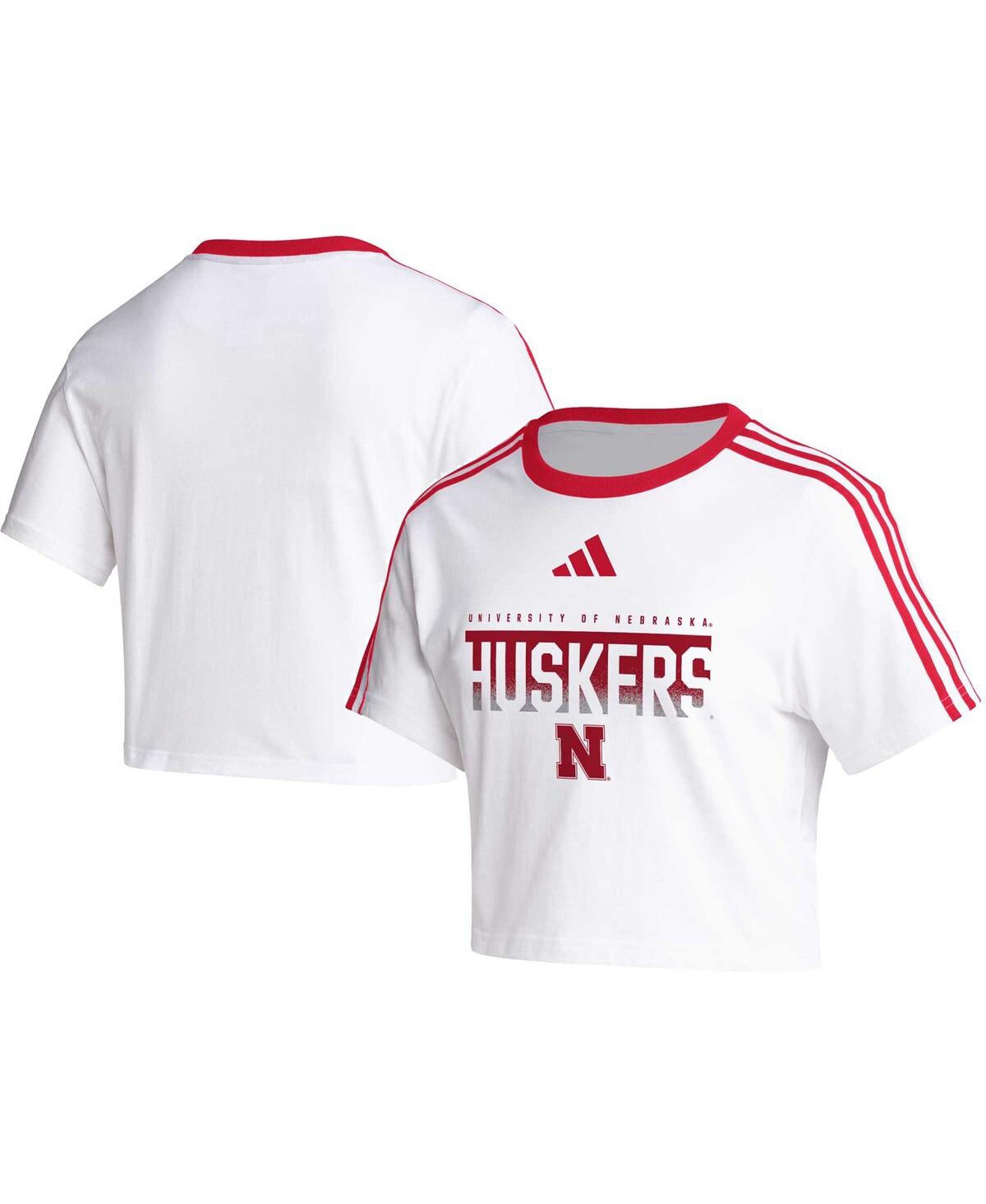 Women's adidas White Nebraska Huskers Three-Stripes Cropped T-shirt - White