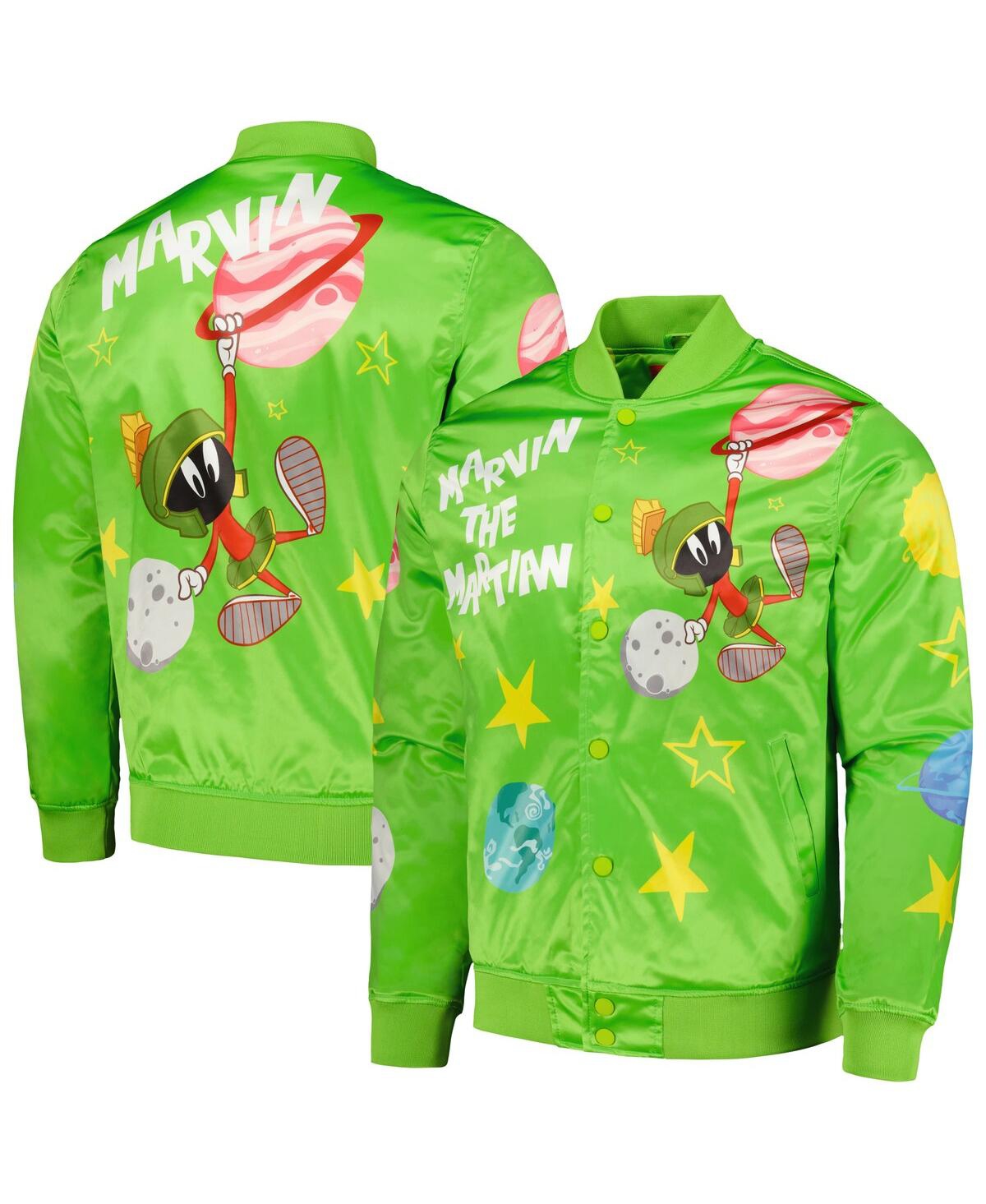Freeze Max Men's  Green Looney Tunes Marvin The Martian Graphic Satin Full-snap Jacket