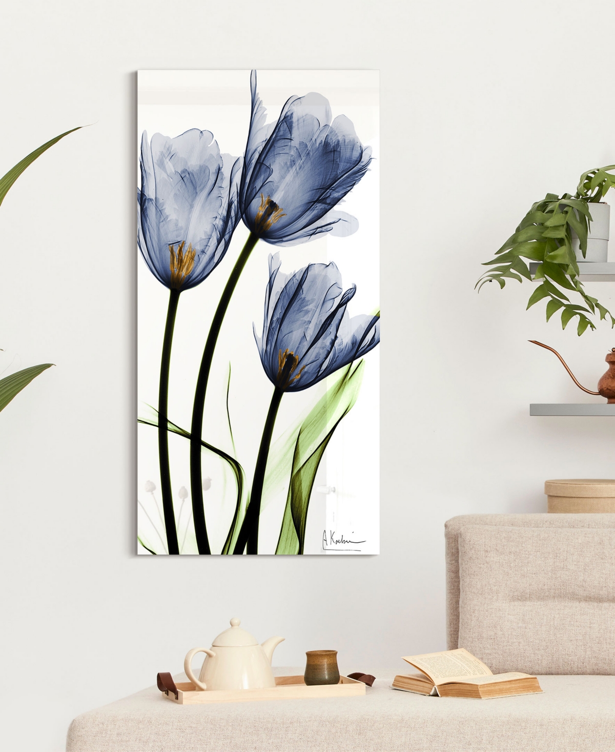 Empire Art Direct "three Blue Tulips" Frameless Free Floating Tempered Glass Panel Graphic Wall Art, 48" X 24" X 0.2" In Blue