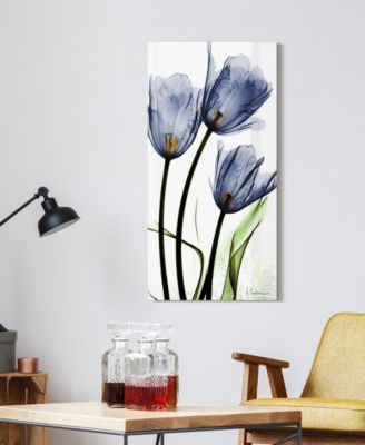 "Three Blue TuLIps" Frameless Free Floating Tempered Glass Panel Graphic Wall Art, 48" x 24" x 0.2"
