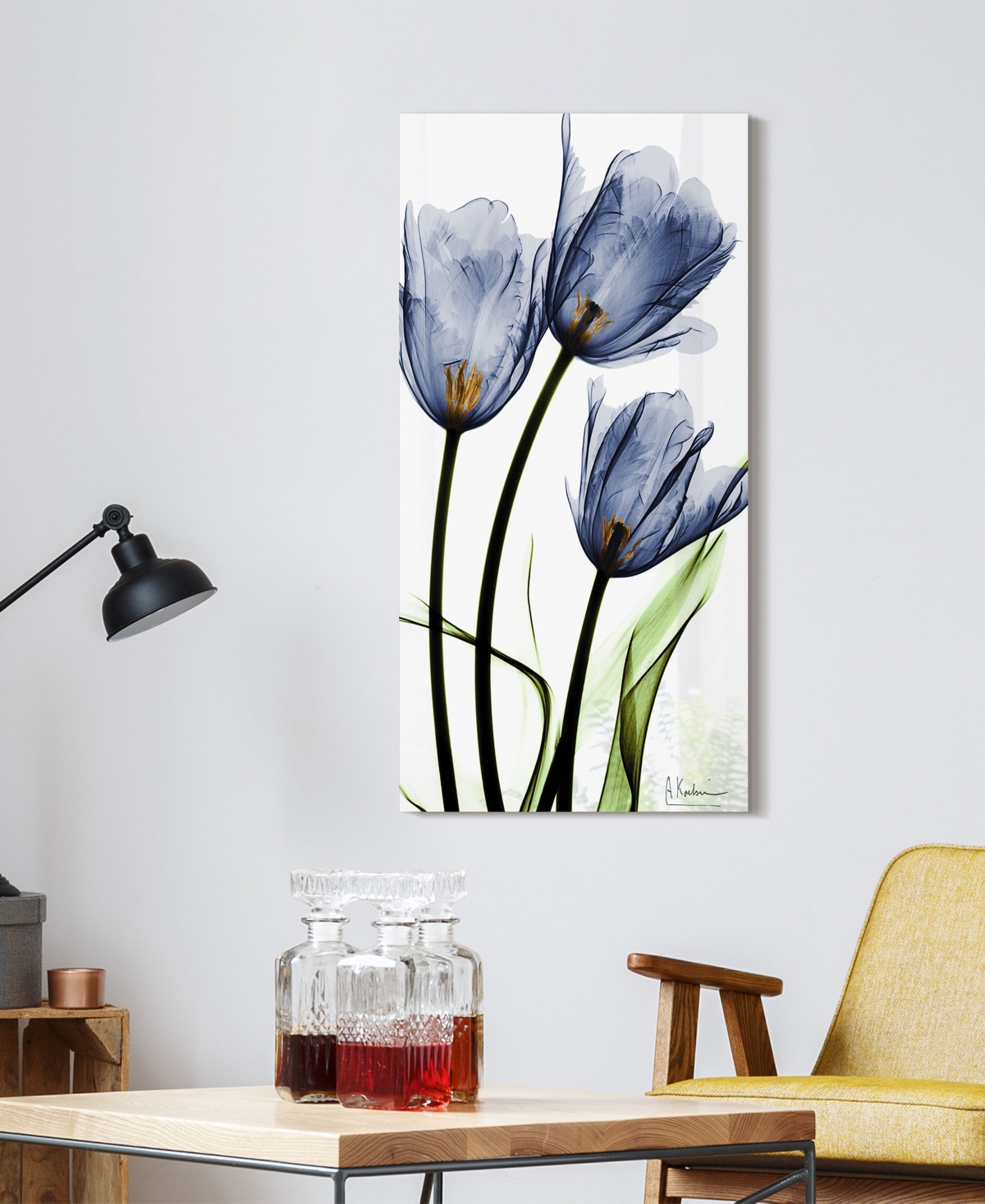 Empire Art Direct "three Blue Tulips" Frameless Free Floating Tempered Glass Panel Graphic Wall Art, 48" X 24" X 0.2" In Blue